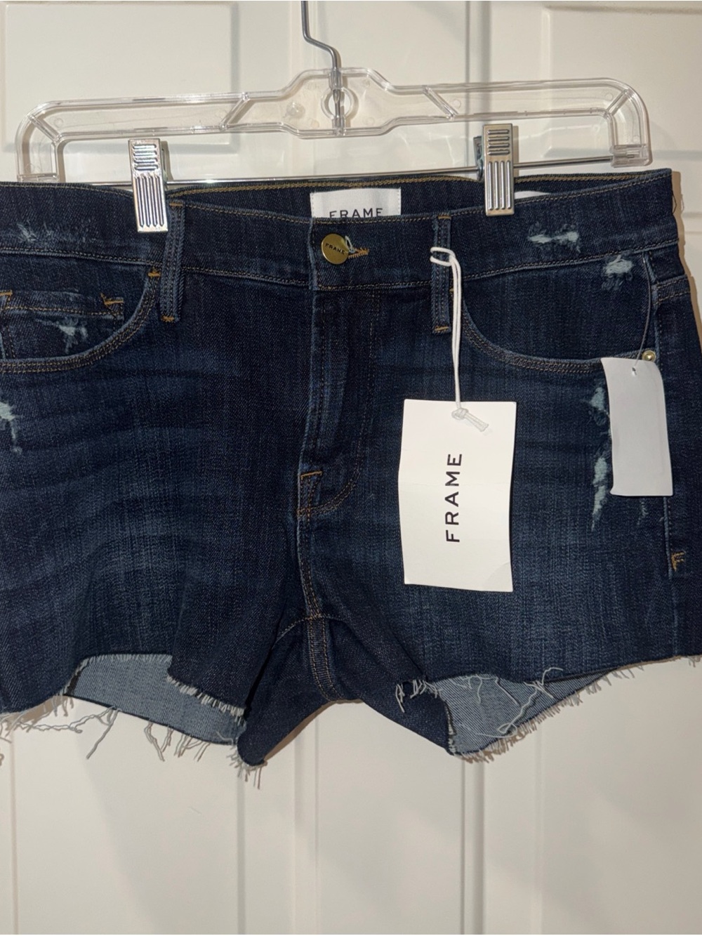 FRAME Le Cutoff Denim Shorts Covant Blue Fray Hem Dark Wash Womens 27 NWT $168